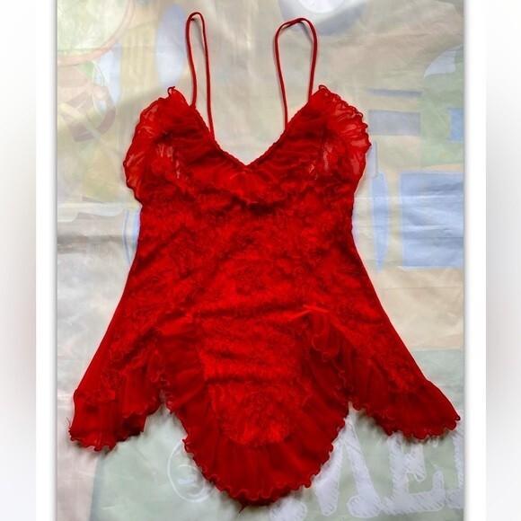 Cinema Etoile Seductive Wear Baby Doll Sheer Sexy Red Nylon Nightgown Sz M - Picture 2 of 12